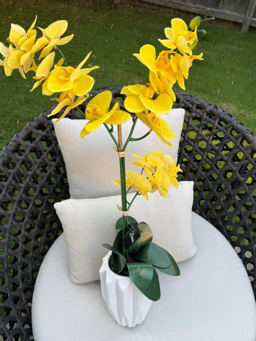 Yellow Faux Orchid in White Ceramic Vase - Home Accents